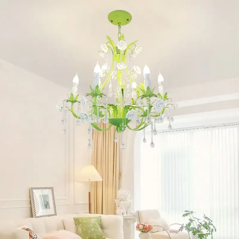 

European Green Floral Chandelier Ceramic White Pink Rose Flower Decoration Chandelier Light Fixture E14 Candle Style Chandelier