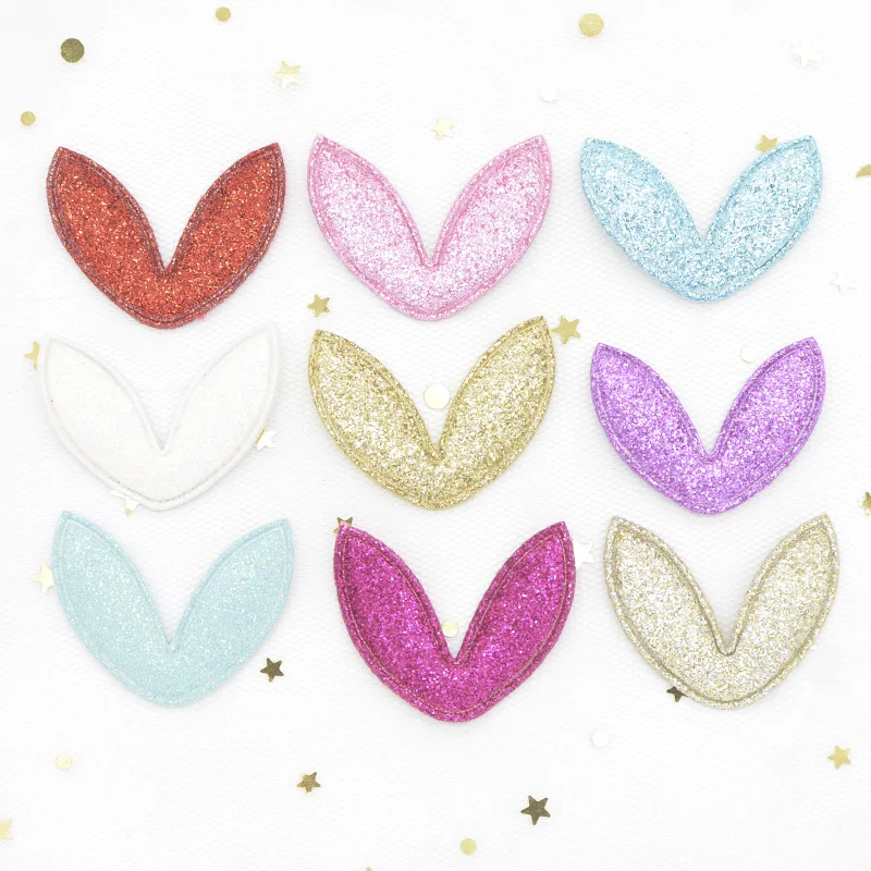 40Pcs 38*30mm 반짝이 패브릭 토끼 귀 Applique 패딩 패치 DIY 머리 후프, 클립, 밴드, 머리 장식, Hairdress 장식