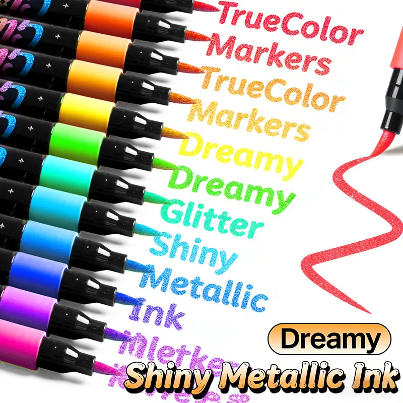 트루컬러 ZCF-6606 플랫 박스 글리터 마커 펜 24색 스크랩북 그래피티 필수 학생 미술 특수 용도