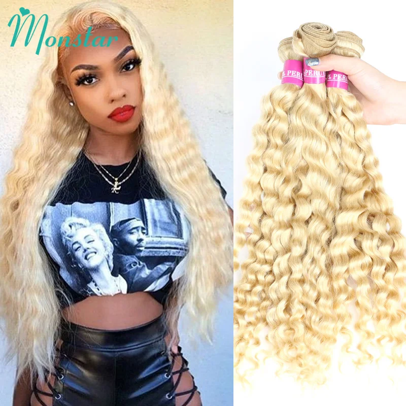 Monstar 613 Deep Wave Hair Malaysian Curly Human Hair Weave Bundle 28 30 inch Deep Curly Platinum Blonde Hair 1 3 4 Bundle Deals 2
