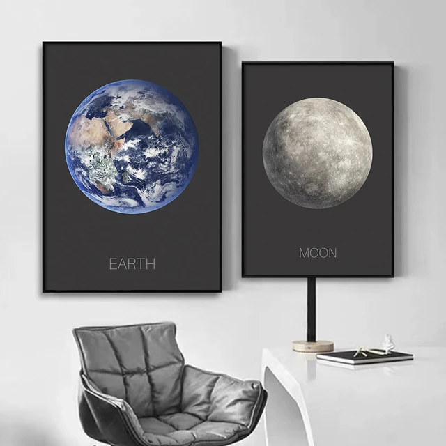 Pintura en lienzo con Impresión de fotos de Luna y tierra, arte de pared minimalista moderno, póster de estrellas, imágenes de planetas, sala de estar, decoración del hogar 1