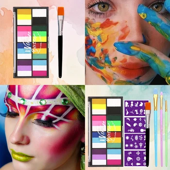 Kit per trucco con tavolozza di colori per viso e corpo a base d'acqua bicolore con pennelli, pittura per torte divise a strisce arcobaleno per cosplay, Halloween 1