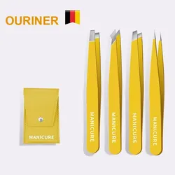 Colorful Stainless Steel Slanted Eyebrow Tweezer - Precision Hair Removal Makeup Tool (Yellow 4 pcs)