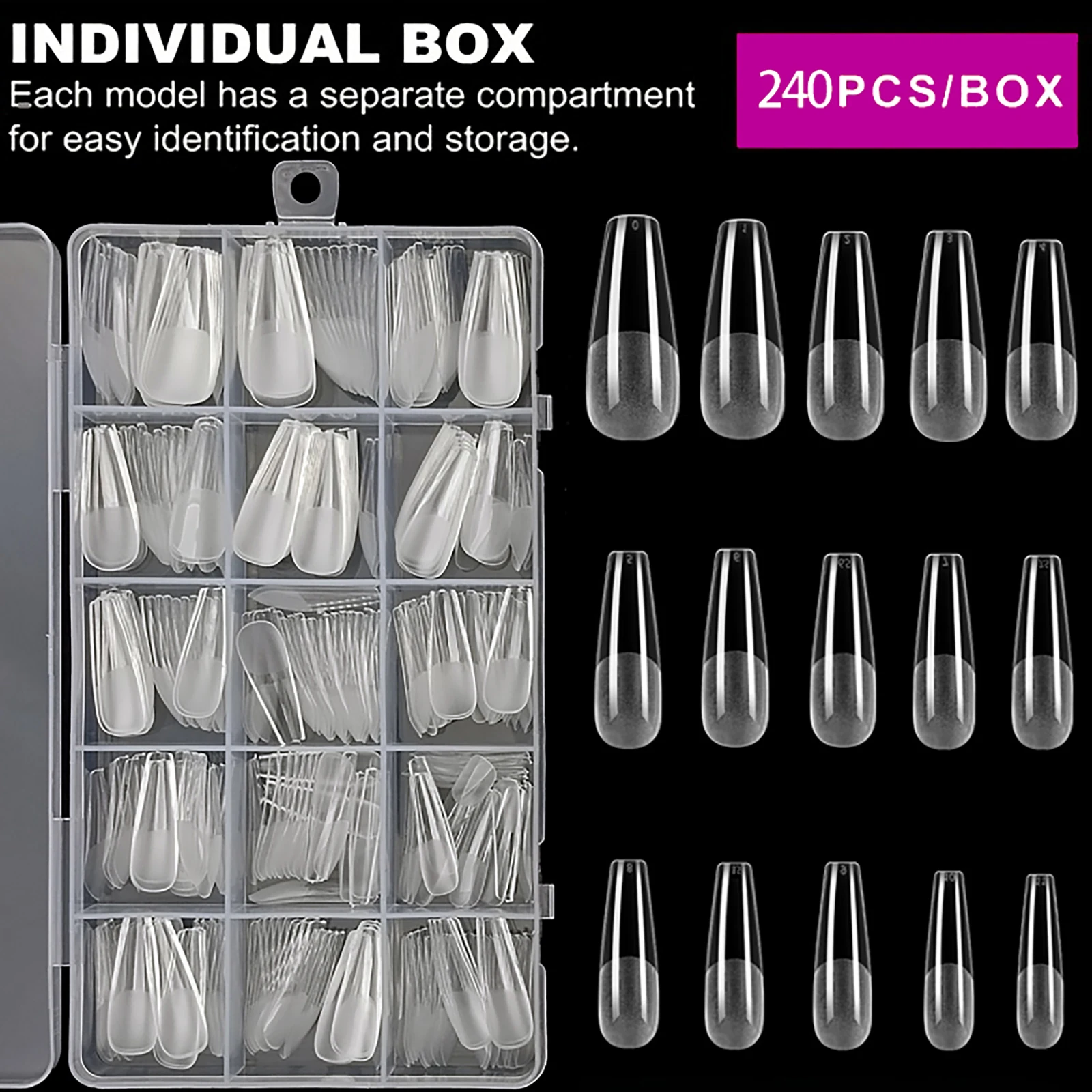 240/330개 소프트 젤 발레리나 네일 팁, 반매트 클리어 관 모양 아크릴 네일 팁, 15가지 사이즈, 홈 DIY용