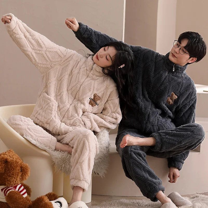 2023 New Zipper Flannel Sleepwear for Couples Winter Warm Thicken Pijamas Set Men Home Clothes Women Coral Fleece Loungewear