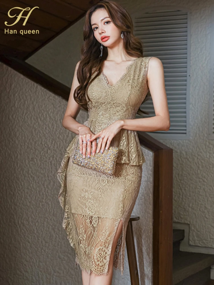 H-Han-Queen-Summer-New-Korean-V-neck-Ruffled-Lace-Sheath-Pencil-Dress ...