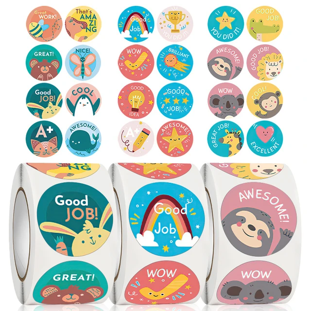 1roll Good Job Stickers 500pcs Set 1 Inch Cartoon Animal Rainbow Star  Reward Tape for Office