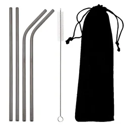 Eco - Friendly Black Stainless Steel Straw Set with Cleaning Brush - Premium Home Bar Accessory (6Pcs Mix)