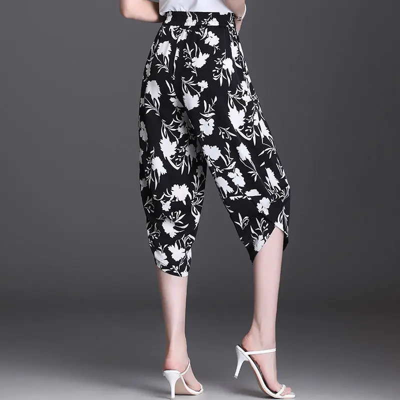 2024 New Summer Casual Loose and Minimalist Fashion High Waisted Pocket Print Oversize Versatile Cropped Harlan Pants for Women