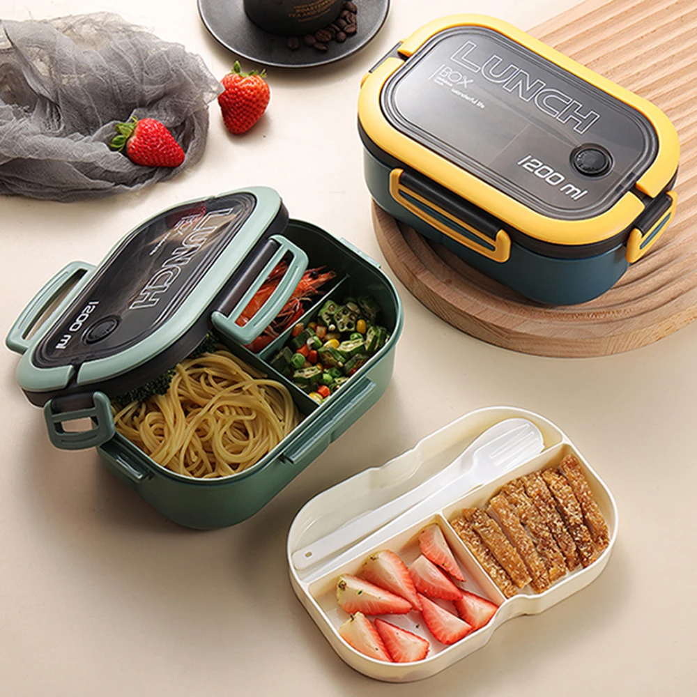 1PC Divided Lunch Box Multi-Layered With Spork And Spoon With Handle Clasps Sealed Morandi Student Travel Bento To Work