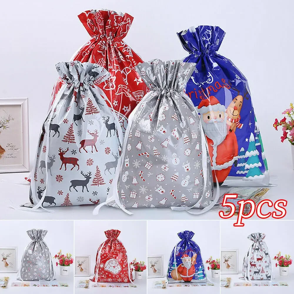 5Pcs Party Gift Bags Christmas Candy Gift Bag Plastic Drawstrings for Xmas Tree Ornament