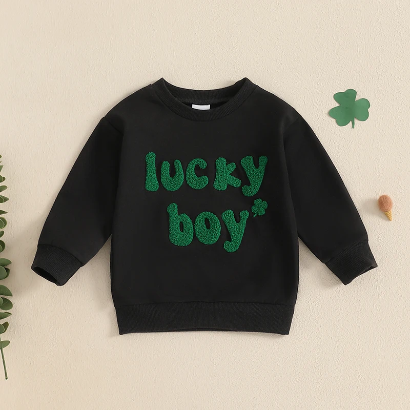-01-02 Lioraitiin Toddler Baby Boy Irish Sweatshirt Spring Letter Clover Embroidered Long Sleeve O-Neck Casual Pullover Tops