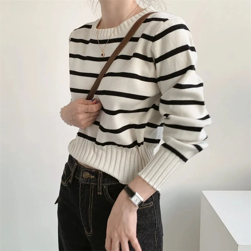 Simples Stripe Splicing Camisola Cropped Moda Coreana