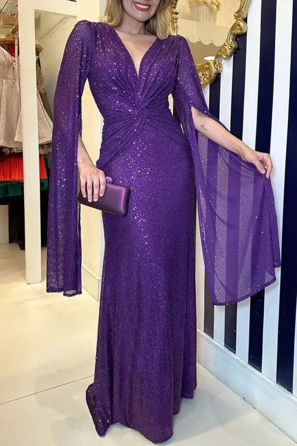 

Women Elegant Twist Knot Waist Sequins Dress Autumn Party Slim Maxi Dress Fall Winter V-neck Split Sleeve Evening Gala Dresses