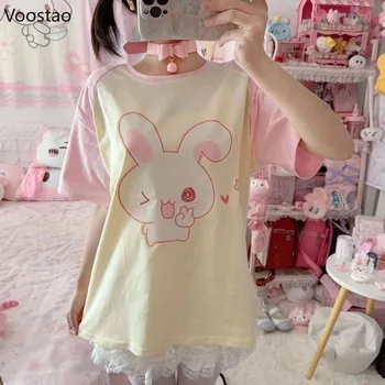 Japanese Sweet Lolita T-shirt Women Cute O-Neck Cartoon Bunny Print Harajuku Loose Tops Y2k Aesthetic Girls Kawaii Fairy Tees 1