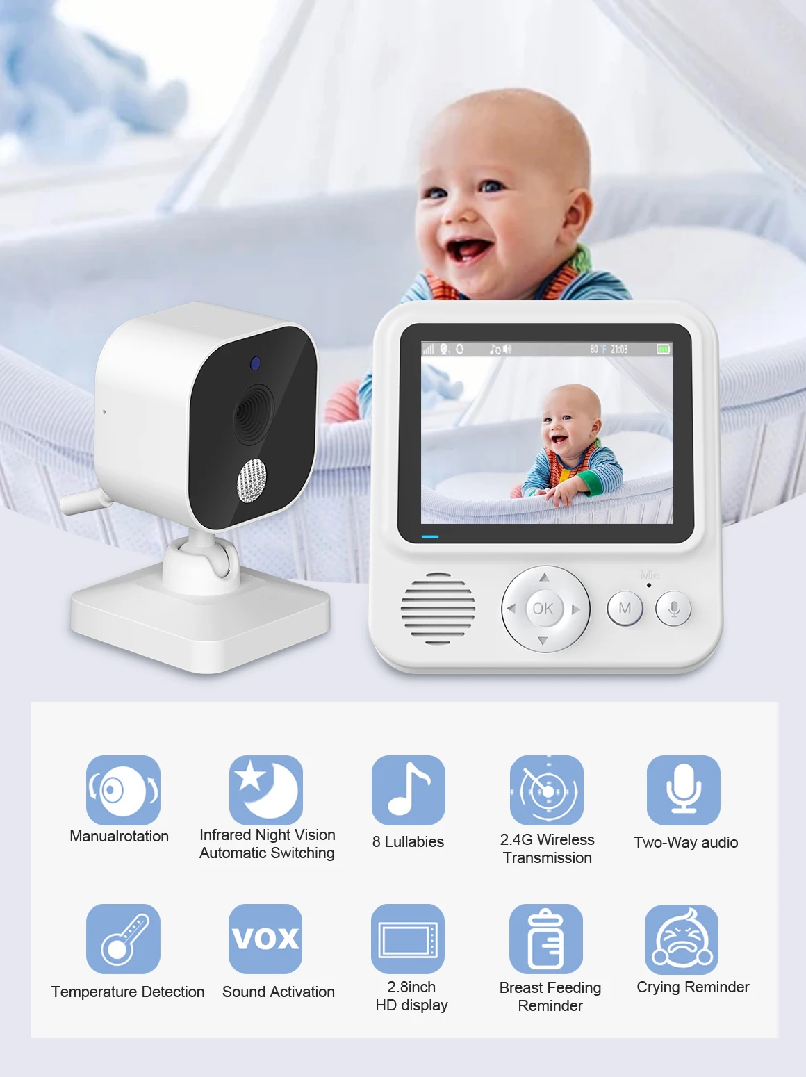 GHB Babyphone Caméra Babyphone Vidéo Écran LCD 4.3 inches Caméra