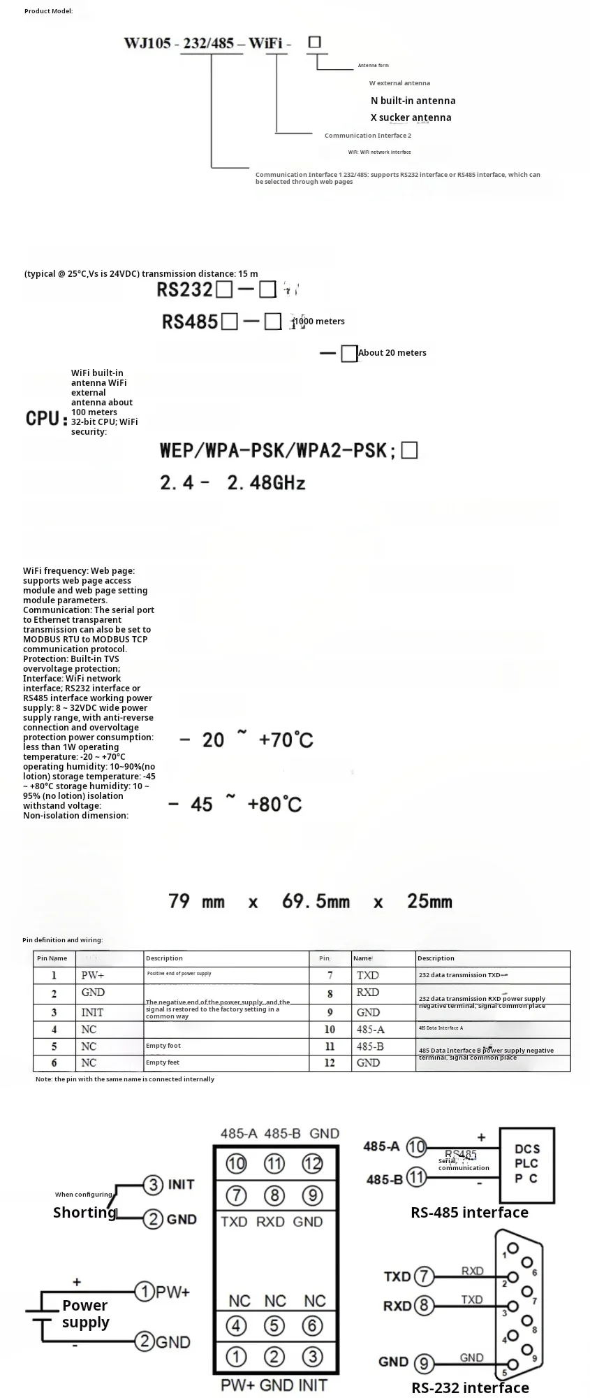 Modbus RTU to Modbus TCP Module RS232/485 to WiFi Module WJ105 intelligent