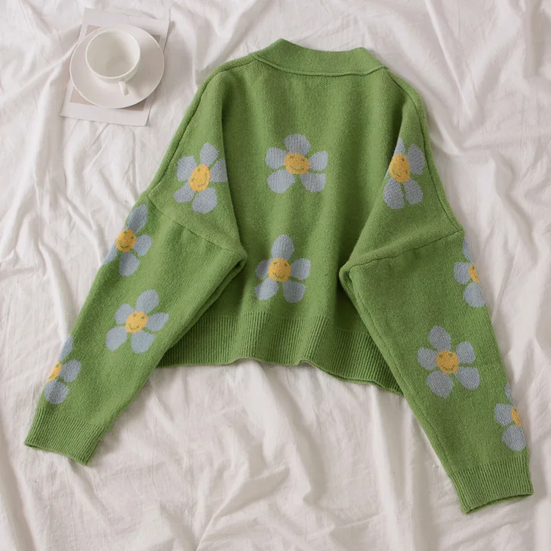 Flower Knitted Sweater Jacket Loose V-neck Spring and Autumn Style Single Breasted Sweater Short Cardigan Women's Top 159
