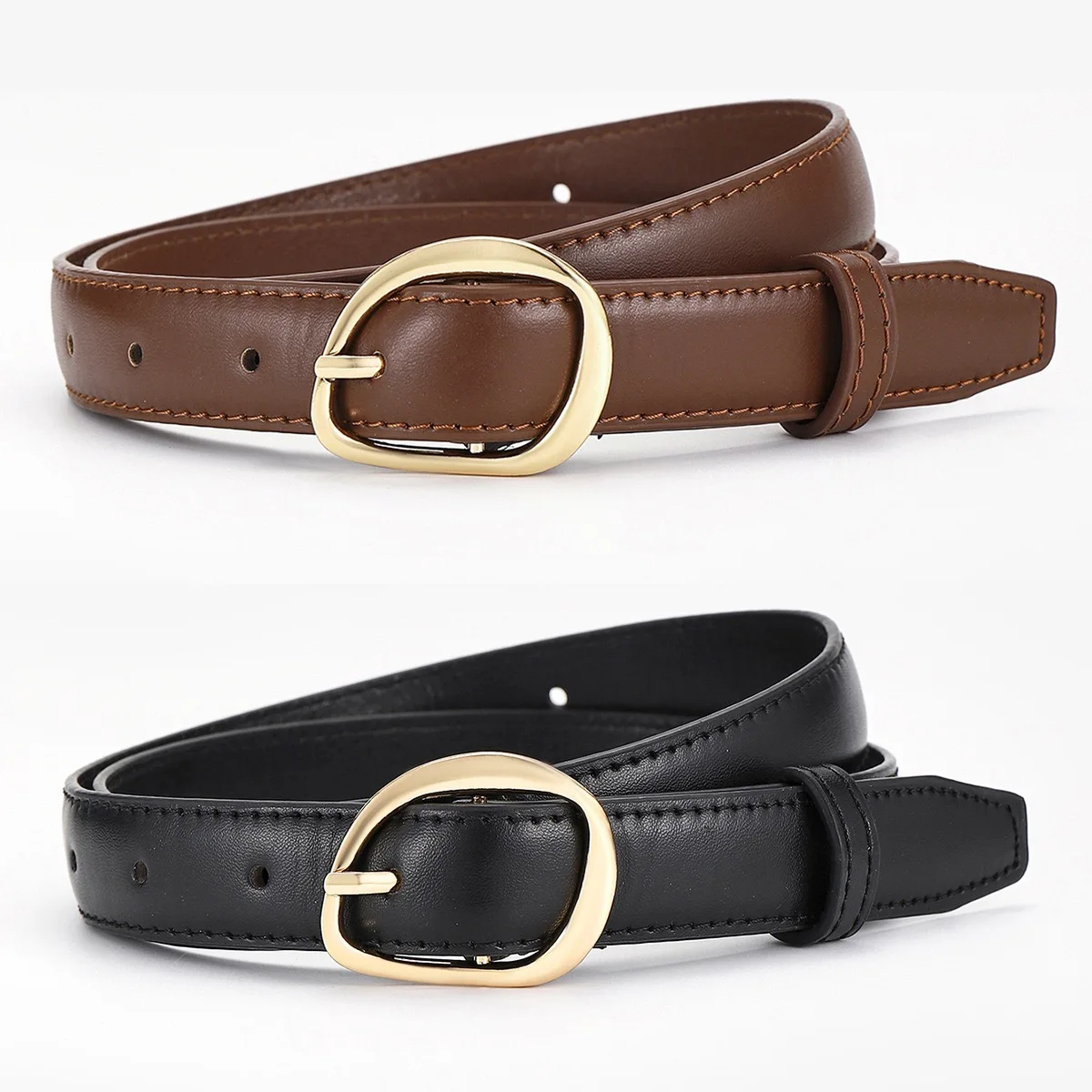 Women's Luxury PU Leather Belt with Gold Pin Buckle - Fashionable Waistband in Black or Brown