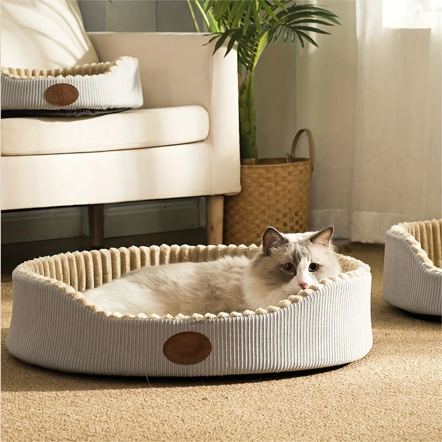 Modern Polyester Fiber Cat Bed, All-Season Cozy Pet Sofa for SmallDogs and Cats, Fashionable Round Plush Pet House & Condo