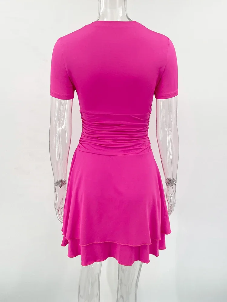 Fashion Folds Ruffled Mini Dress For Women Summer New Solid Color Short Sleeves Female Clubs Party Sexy Slim Fit Dress