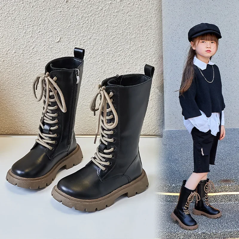 Girls Winter Leather High Boots Soft Sole Anti Slip