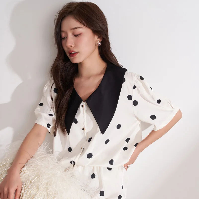 CRLAYDK 2023 Summer Polka Dot Pamas Set for Women Satin Silk Button Down Short Sleeve Sleepwear Bride Soft Pj Loungewear_voghion.com