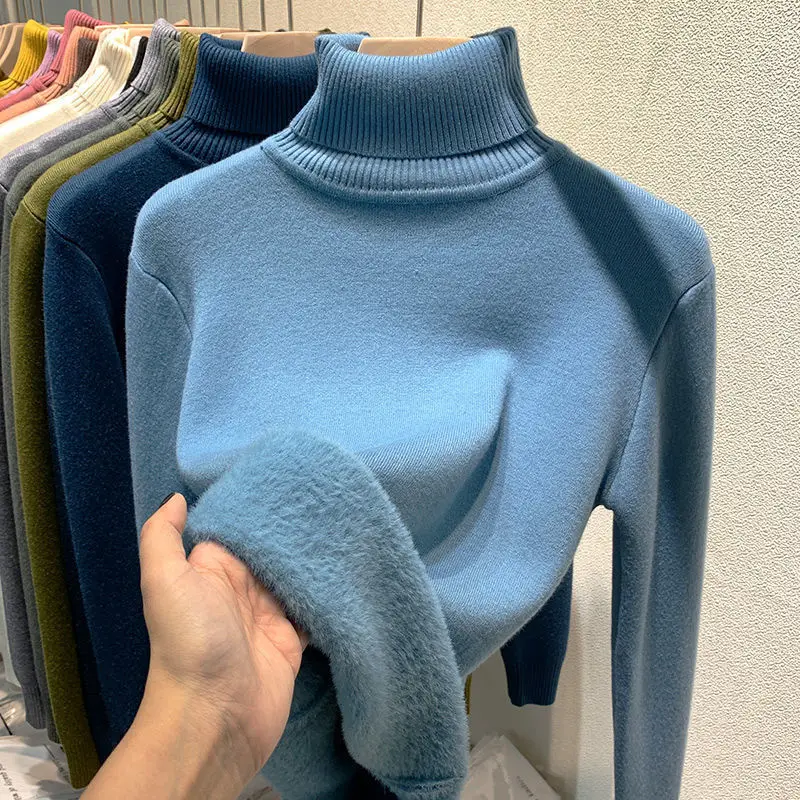 

Thicken Velvet Turtleneck Sweater Women Korean Fashion Lined Warm Sueter Knitted Pullover Slim Top Winter Jersey Knitwear Jumper