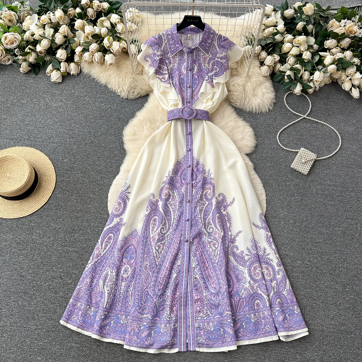 

Long Boho Dress Summer Clothes Women Vintage Paisley Print Dress Lapel Collar Button Up Ruffle Trim Shirt Maxi Dress With Belt