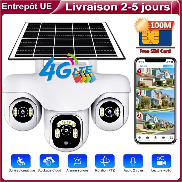Caméra solaire 3 objectif PTZ Rotation 360 suivi automatique détection humaine Protection de sécurité à domicile caméra de vidéosurveillance moniteur de Surveillance 4G 1