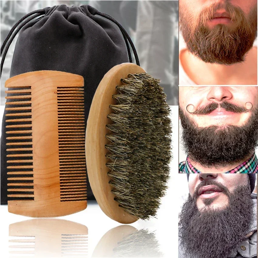 Two-sided Boar Bristle Men's Shaving Brush Portable Barber Natural Beech Beard Brushes Comb for Facial Cleaning Mustache Tools 2
