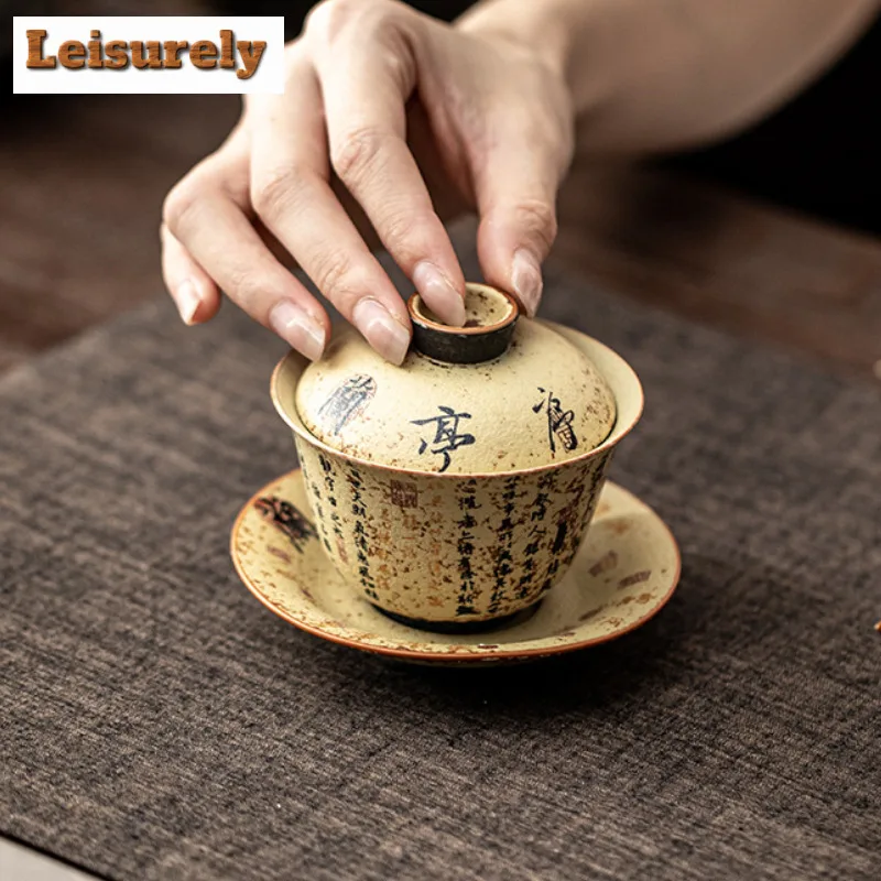 133ml Hand-painted Lanting Preface Firestone Red Gaiwan Retro Tea Tureen Tea Bowl With Lid Kit Tea Making Cover Bowl Supplies