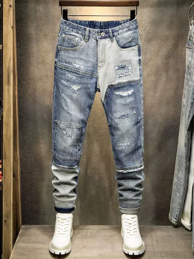 Fashion Streetwear Men Jeans Retro Blue Spliced Designer Elastic Slim Fit Ripped Jeans Men Patched Hip Hop Denim Pants Hombre
