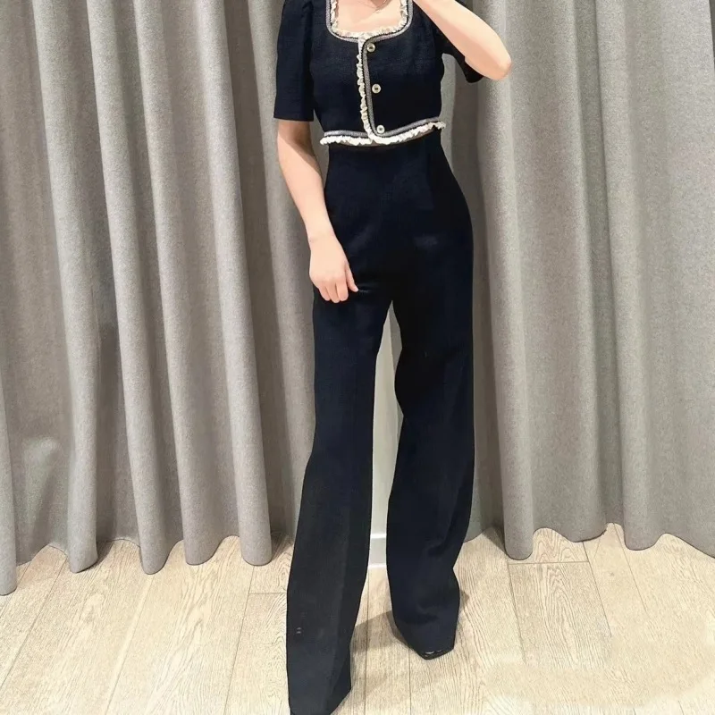 

Women Trouser Tweed High Waist Office Lady Wide Leg Pant