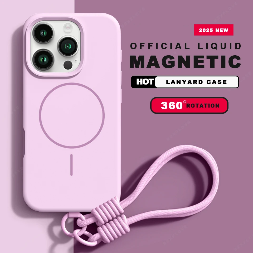 New Magnetic Lanyard Phone Case For iPhone 15 14 16 Plus 11 12 13 16 Pro Max Magsafe Liquid Silicone Strap Protector Soft Cover 2
