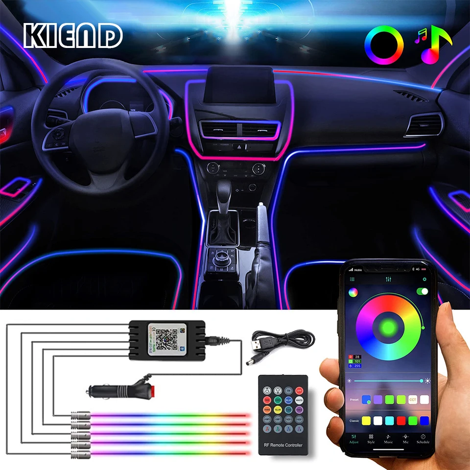 RGB Car LED Interior Ambient Lights 236 Inch Fiber Optic Neon