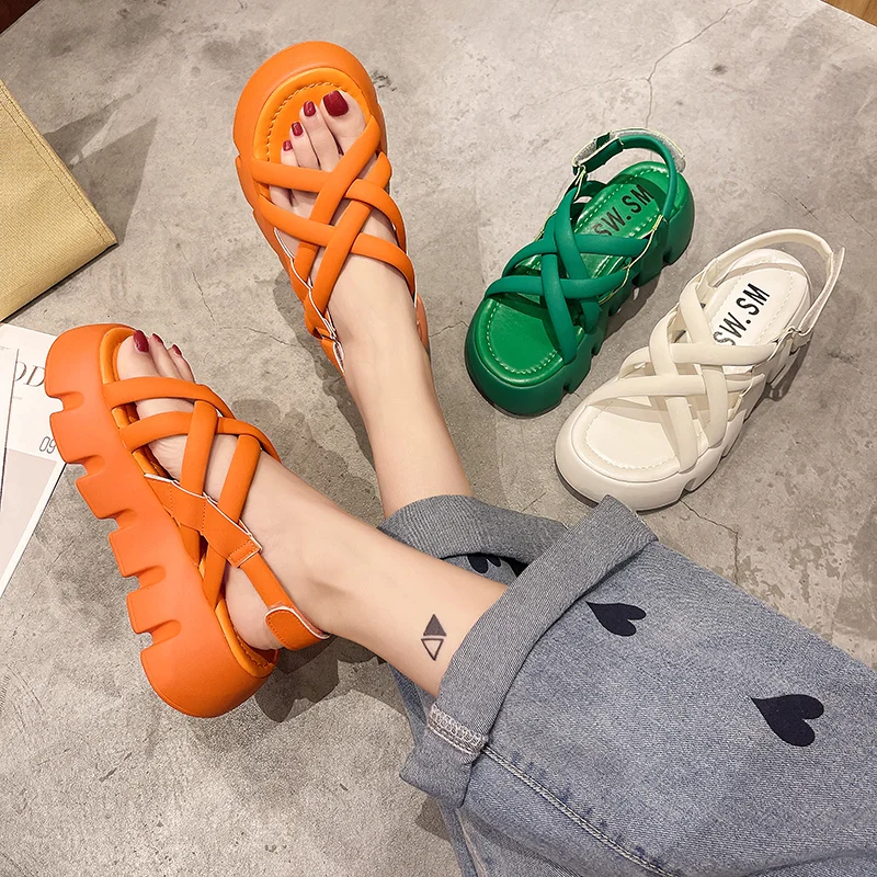 

Flat Summer Shoes Female Beige Breathable Platform Girls Fashion Women's Footwear Orange Sandal 40 Wedge 2023 Sandals