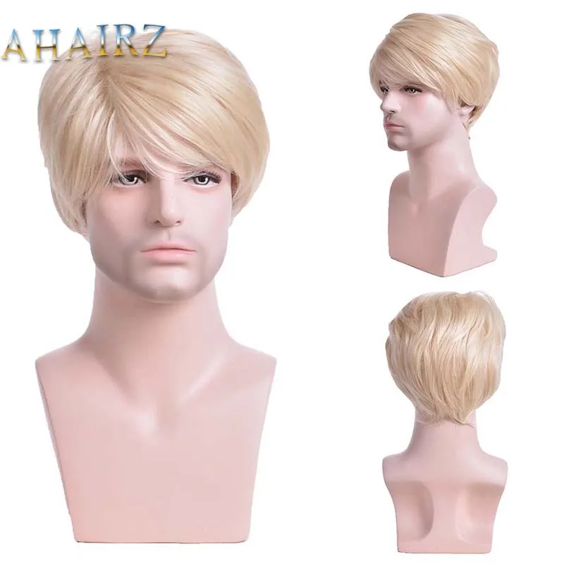 Men's Wig Synthetic Hair Fluffy Short Light Blonde Layered Wigs with Bangs Looking Daily Party Casual Adjustable Cap Size