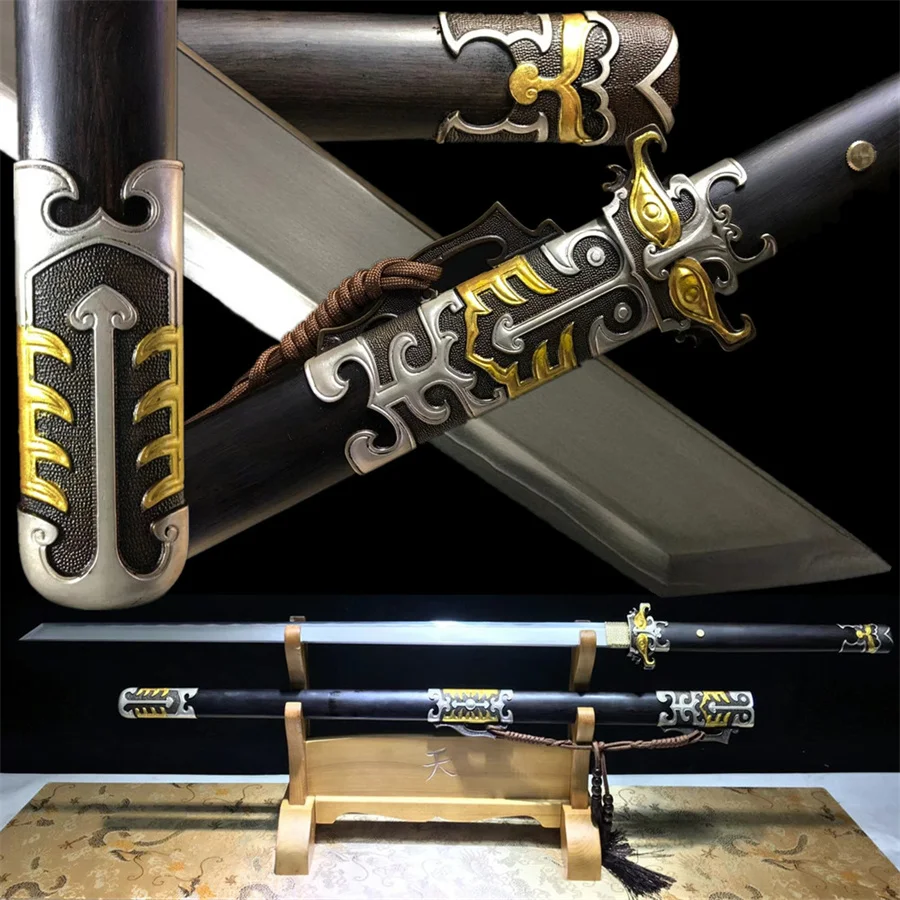 

Very Exquisite Chinese Jian Kungfu Sword WUSHU Han-Jian Damascus Steel Copper Brass Fittings Ebony Sheath Full Tang Nice