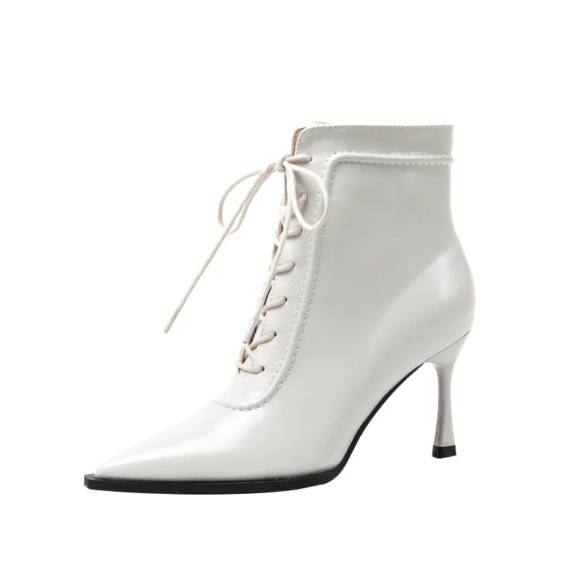 8288-2 Pointed 2023 Autumn/Winter Fashion High Heel Short Boots Lace up Thin Heel Side Zipper Women's Boots