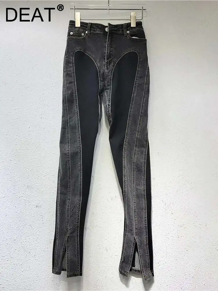 DEAT Women's Denim Pants Contrast Color Slim Split Patchwork