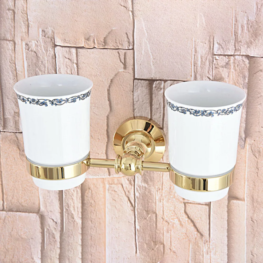 Golden Brass Wall Mounted Double Toothbrush Holders With 2 Creamic Cups Tooth Cup Holders For Bathroom Accessories zba316