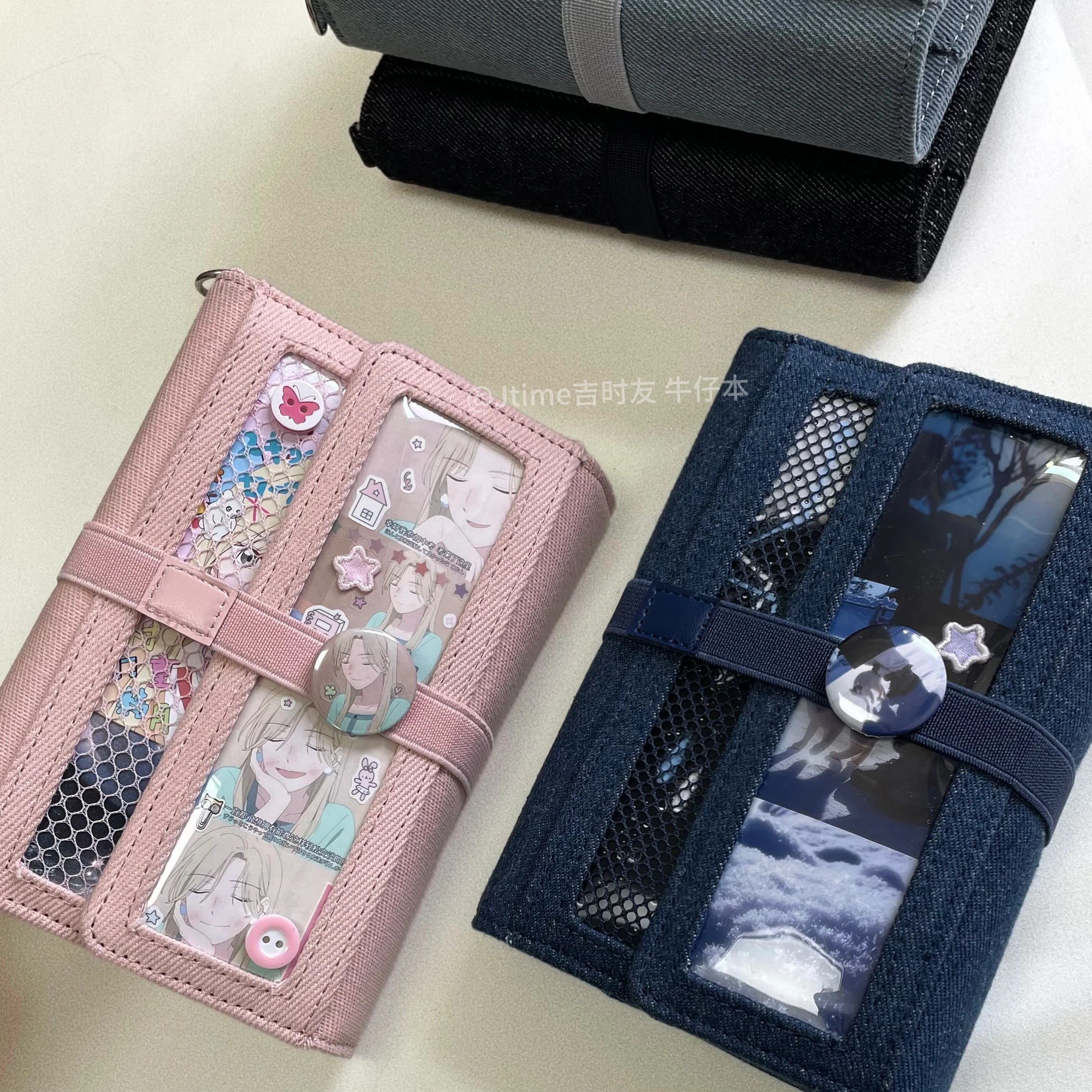 빈티지 데님 라이프 4-사진 카드 홀더 책, 조절 가능한 스트랩, 청바지 노트 A7 루스 리프 저널 소녀 학생 일기 다이어리