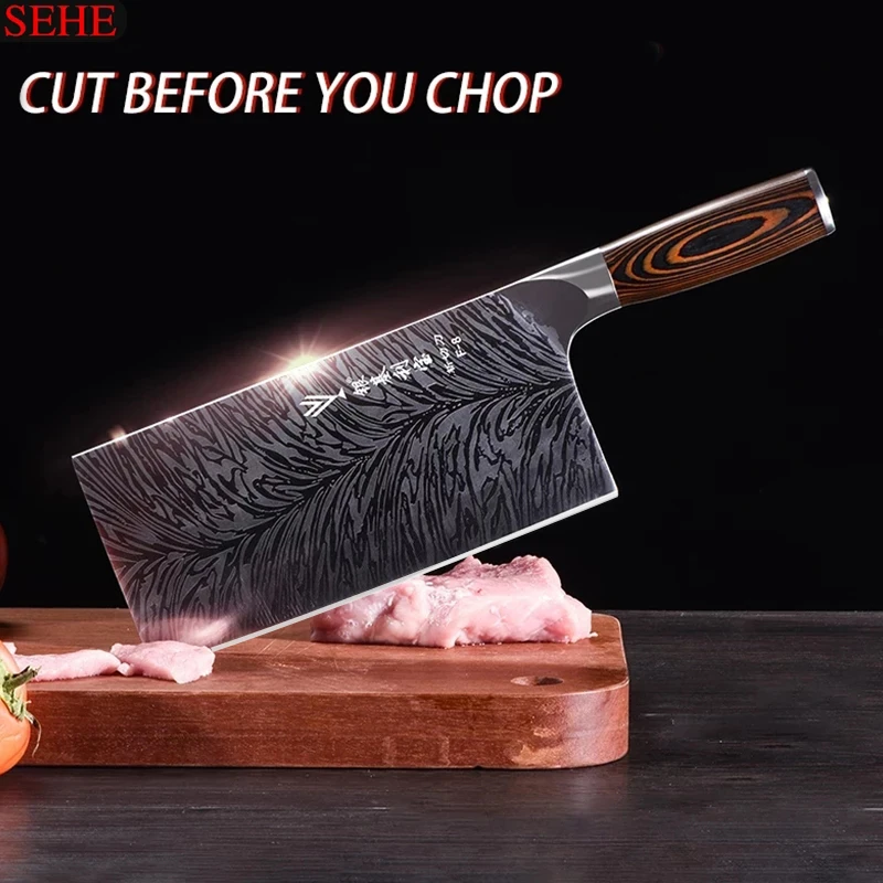 Chinese Chef Knife Blade Easy To Cut Meat Fish Dish Nonslip Color Wood