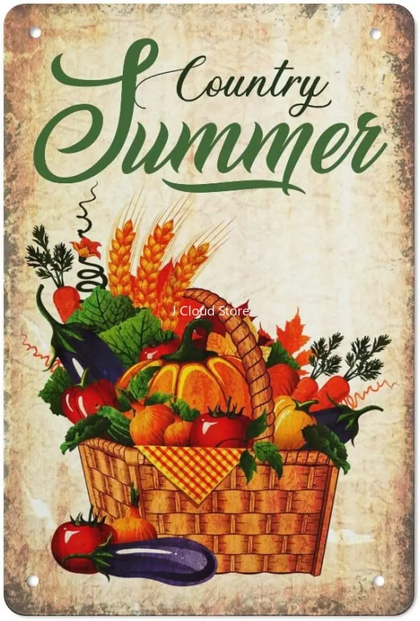 

Country Summer Fruit with Basket Vintage Metal Tin Sign Farmhouse Kitchen Wall Country Home Decor Coffee Bar Signs Gifts