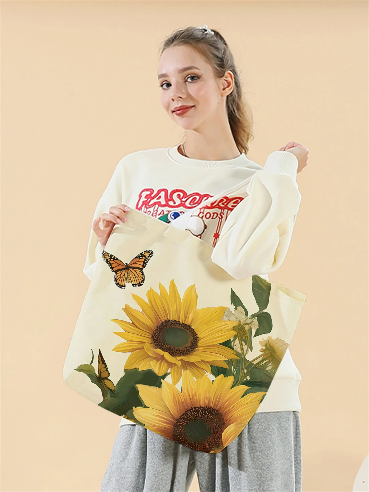 1pc,Sunflower flower handbag, reusable fashion handbag, multifunctional handbag, printed canvas shopping bag