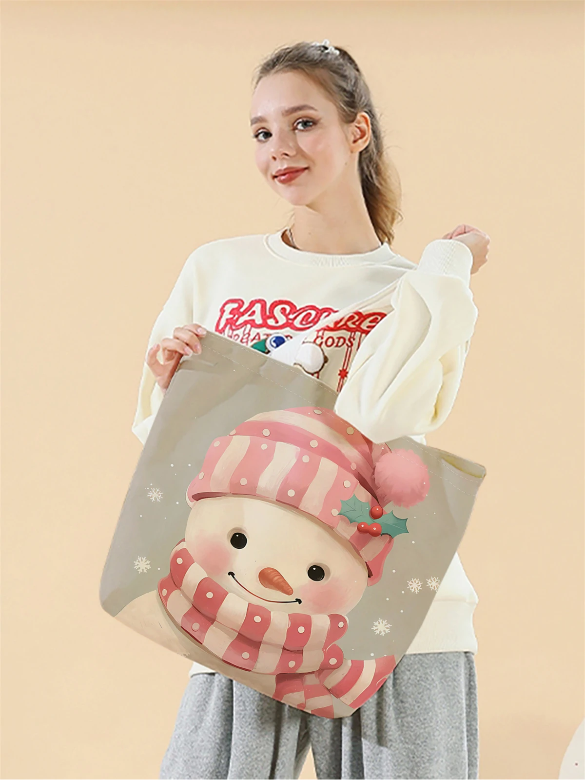 1pc,small snowman handbag, reusable fashionable handbag, multifunctional handbag, printed canvas shopping bag