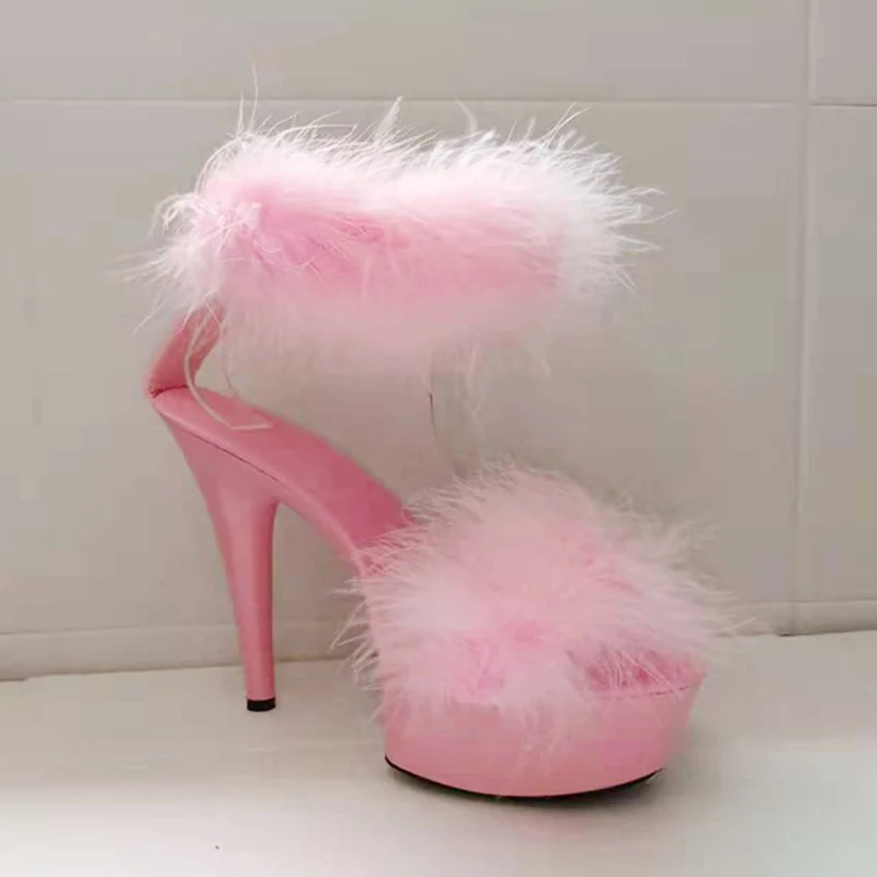 

Summer Pink Red Soft Feather Stripper Nightclub Sandals Extreme Stiletto 15cm High Heels 5cm Platform Pumps Fashion Girls Shoes