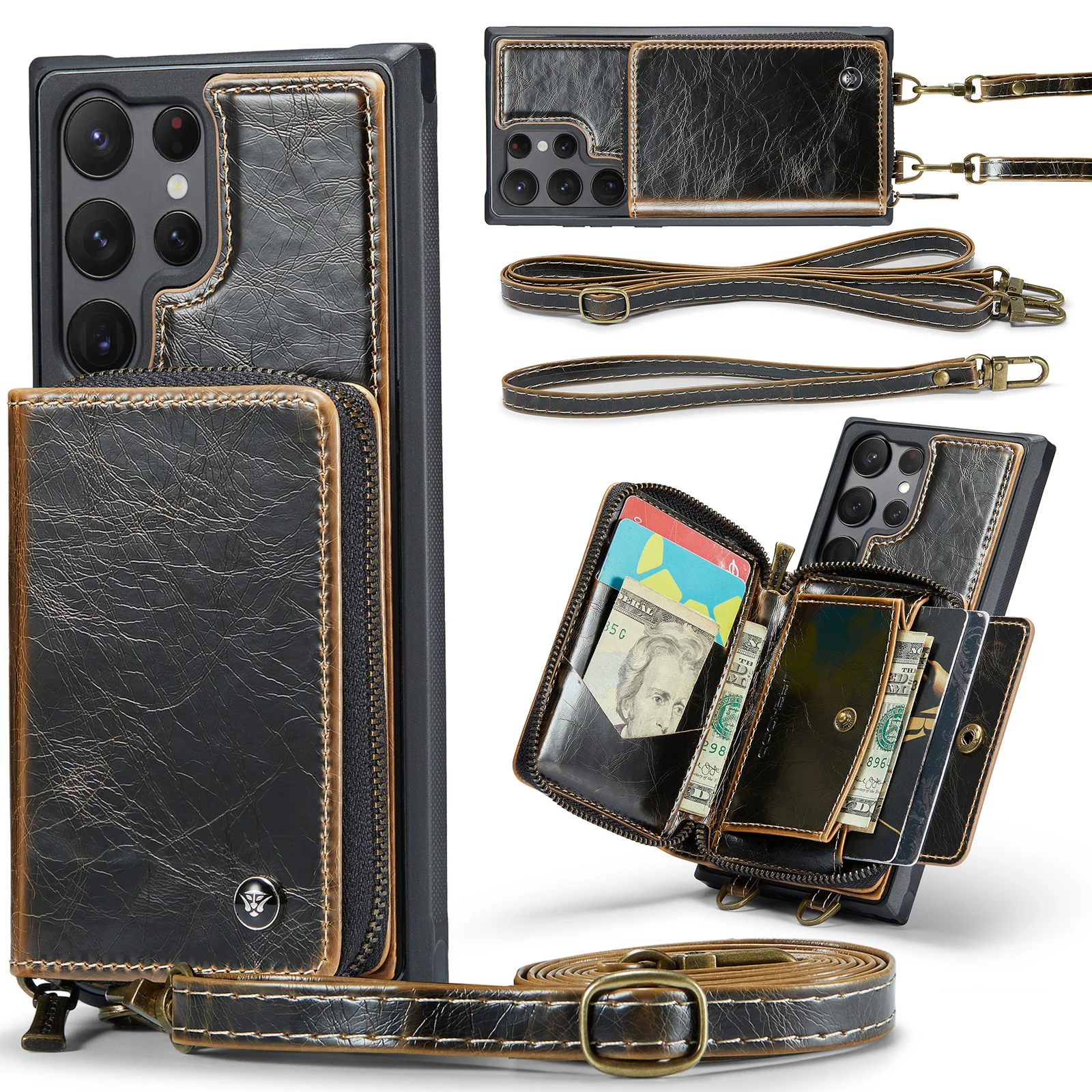 

Кожаный держатель для наличных и кредитных карт с ремешком через плечо, чехол-кошелек на молнии для Samsung Galaxy S23 Ultra S22 S21, чехол для телефона с подставкой
