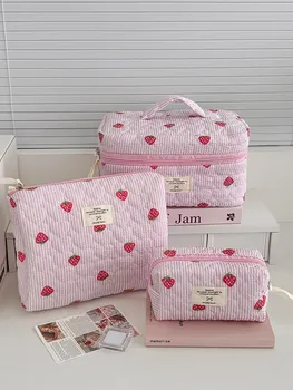 1PC Pink Strawberry Women Cosmetic Quilted Bag Portable Travel Organizer Toiletry Makeup Storage Pouch Handbag Ladies Bag Pouch